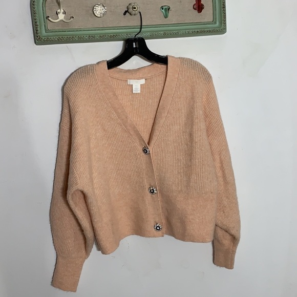 H&M sparkle button boxy cardigan light apricot women’s small v neck euc - Picture 9 of 9